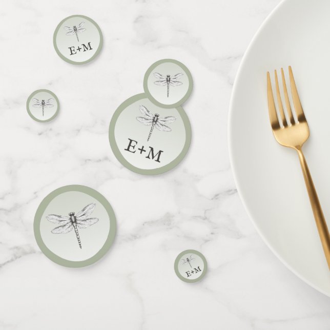 Confettis Sage Green Dragonfly Monogram Mariage (Groupe)