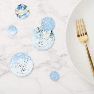 Confettis Sweet sixteen floral étincelants bleu ID912