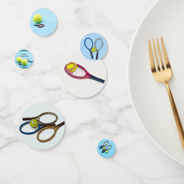 Confettis Tennis ball et raquette Joyeux anniversaire bleu (Groupe)