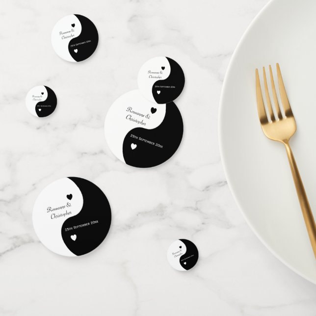 Confettis Yin Yang Mariage des Coeurs Noir et Blanc (Groupe)