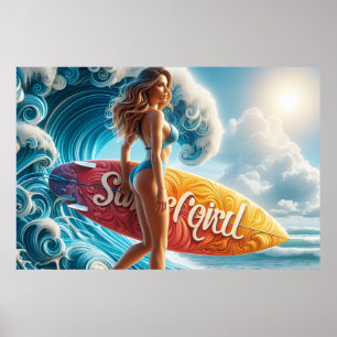 Confident Surfer Girl Walking Beach Waves Art Poster