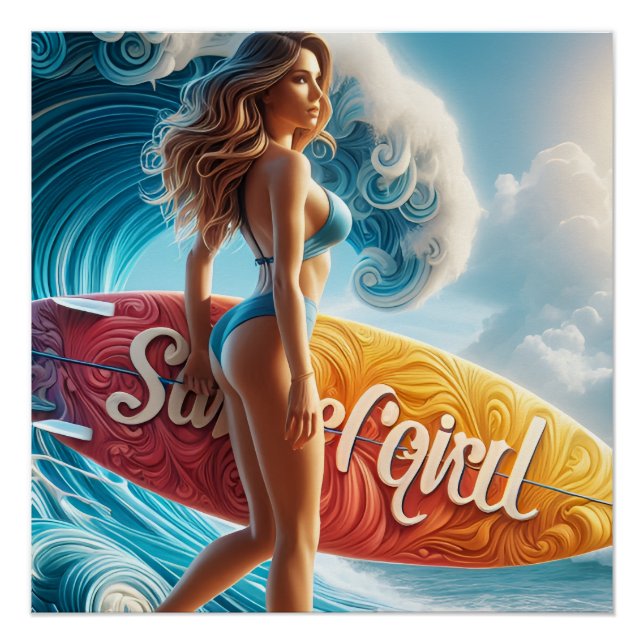 Confident Surfer Girl Walking Beach Waves Art Poster (Front)