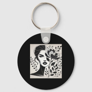 Confident Woman Into Floral And Abstract Line Art Keychain
