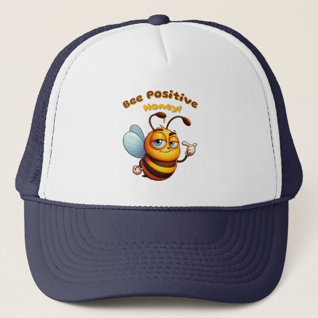 Confident Yellow Cartoon Bumblebee Design Trucker Hat (Front)