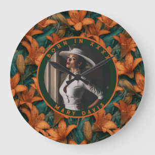 Configurable Orange Lilies Accent Boho Birthday Large Clock