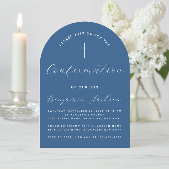 Confirmation Arch Classic Blue Simple Script Boy Invitation (Creator Uploaded)