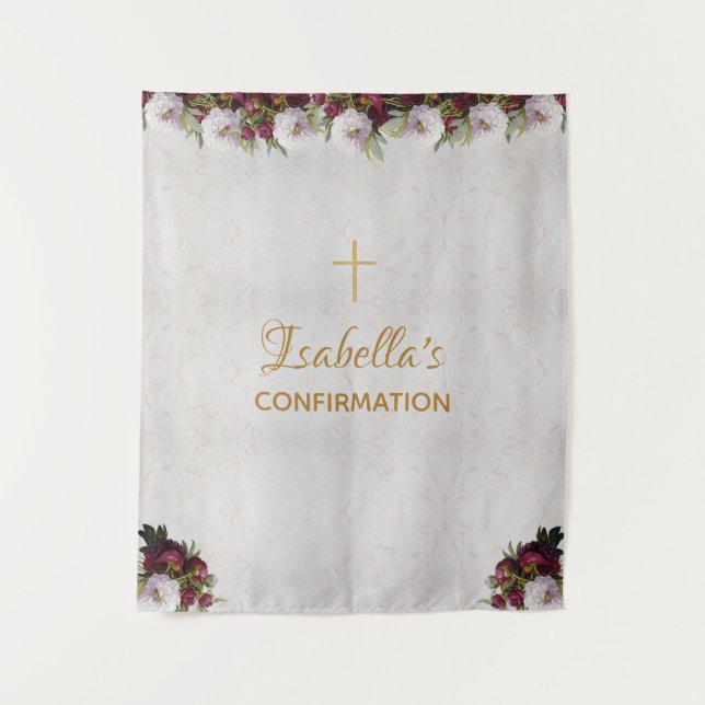 Confirmation Backdrop Marble Gold Burgundy Peonies Tapestry (Front)