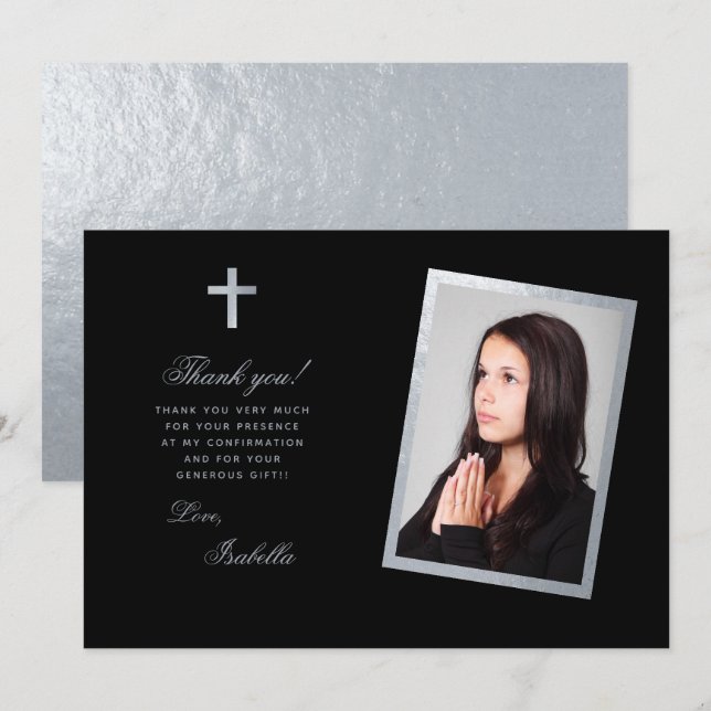 Confirmation Black Faux Silver Photo Calligraphy  Thank You Card (Front/Back)
