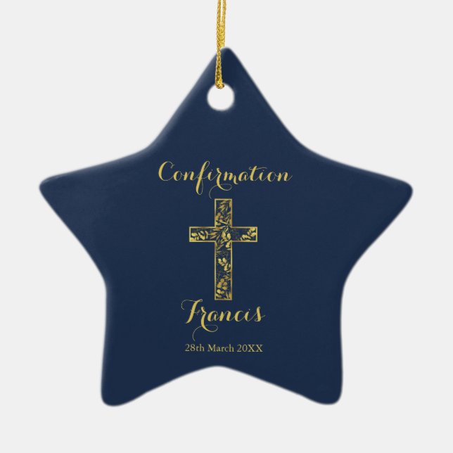 Confirmation bleu or croix ornement céramique (Devant)