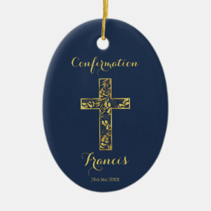 Confirmation bleu or croix ornement céramique