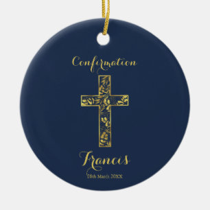 Confirmation bleu or croix ornement céramique