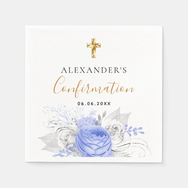 Confirmation blue floral white name boy guy napkin (Front)