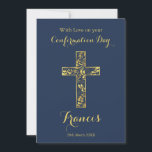 Confirmation blue gold cross boys  card<br><div class="desc">Flat card for confirmation with a gold cross on a dark blue background. Personalize front with text,  name and date... back with text.</div>