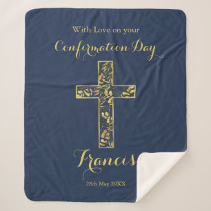 Confirmation blue gold cross boys sherpa blanket