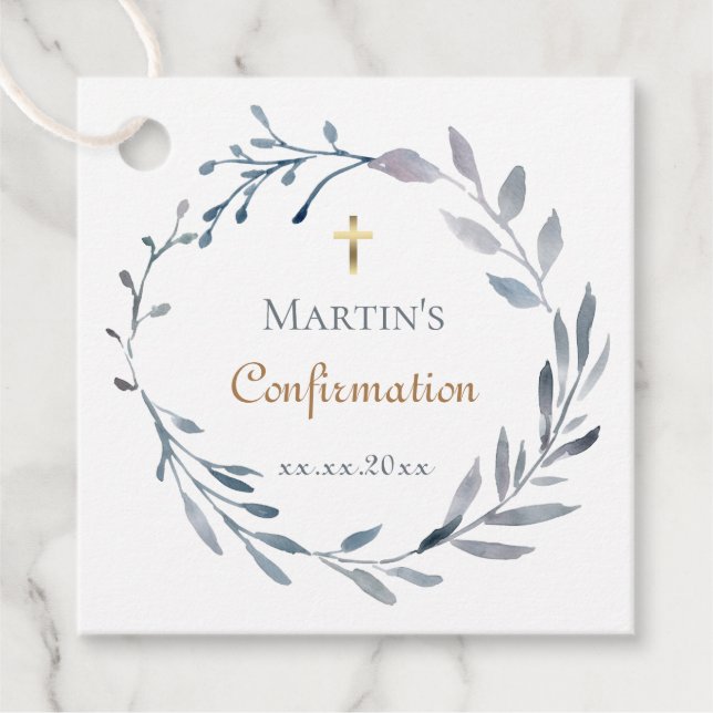 Confirmation blue wreath  favour tags (Front)