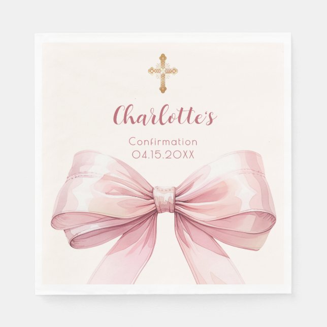 Confirmation blush pink bow cream cross luncheon napkin (Front)