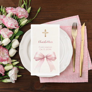 Confirmation blush pink bow cream cross napkin