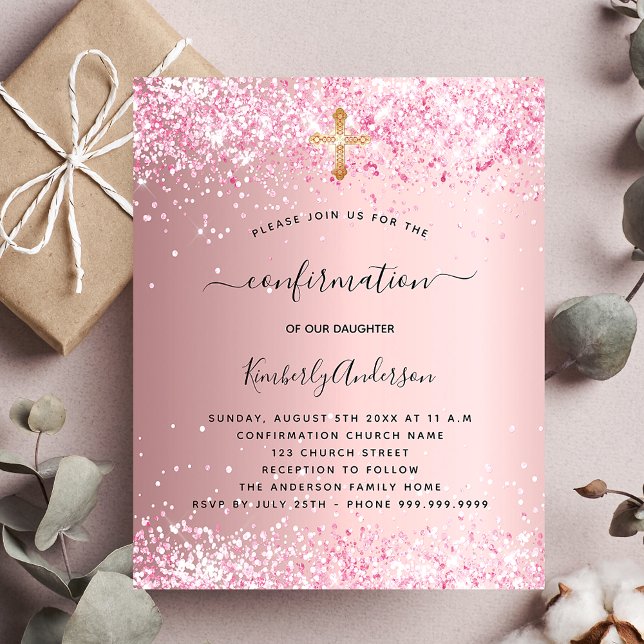 Confirmation blush pink glitter budget invitation flyer (Creator Uploaded)