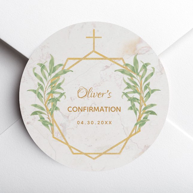 Confirmation Botanical Greenery Gold Geometric  Classic Round Sticker (Creator Uploaded)