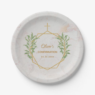 Confirmation Botanical Greenery Gold Geometric Paper Plate