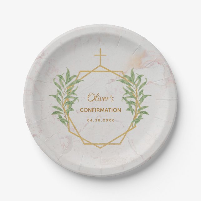 Confirmation Botanical Greenery Gold Geometric Paper Plate (Front)