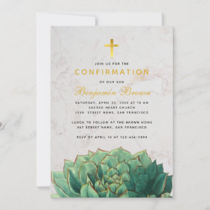 Confirmation Botanical Succulent Marble Gold Cross Invitation