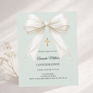 Confirmation bow ivory pearls sage invitation
