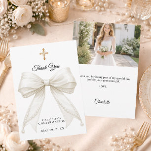 Confirmation bow white ivory pearls photo thank you card