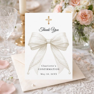 Confirmation bow white ivory pearls thank you card