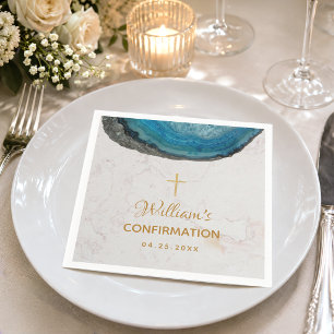 Confirmation Boy Blue Geode Gold Cross Marble Napkin