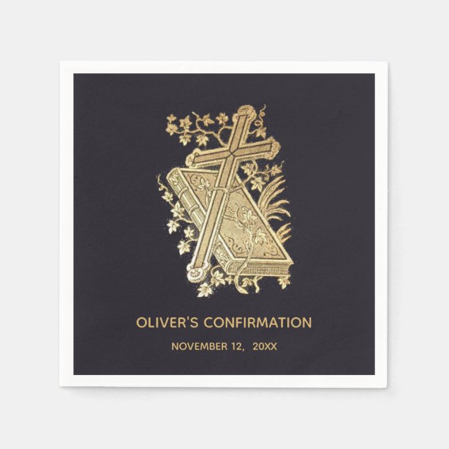 Confirmation Boy Gold Cross Book Vintage Black  Napkin (Front)