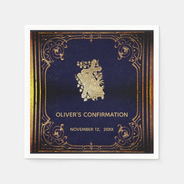 Confirmation Boy Vintage Blue Gold Cross Book  Napkin (Front)