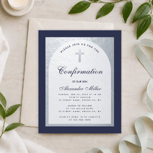 Confirmation Budget Navy Blue Silver Invitation