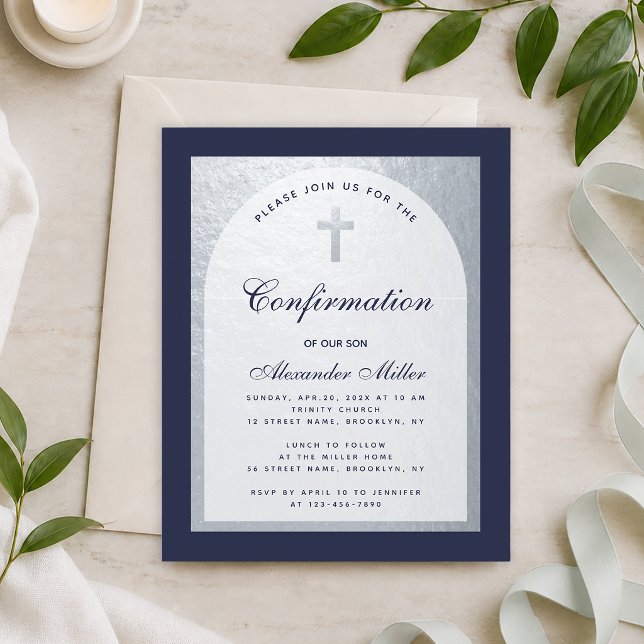 Confirmation Budget Navy Blue Silver Invitation (Creator Uploaded)