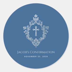 Confirmation Classic Blue Boy Vintage Crest Cross Classic Round Sticker