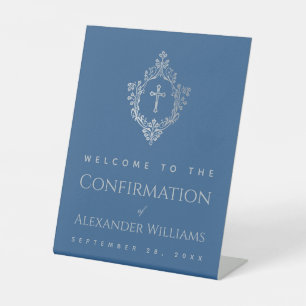 Confirmation Classic Blue Ornate Crest Boy Welcome Pedestal Sign