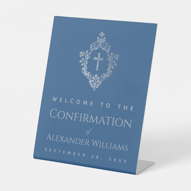 Confirmation Classic Blue Ornate Crest Boy Welcome Pedestal Sign (Front)
