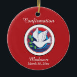 Confirmation Colourful Dove on Red Background Ceramic Ornament<br><div class="desc">Special Confirmation gift for the young man or young woman who will be confirmed. A colourful dove is joyful and the red background is the colour of Confirmation. Personalize it with their name for a unique and memorable gift. Choose a small or larger gift as you need.</div>