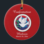 Confirmation Colourful Dove on Red Background Ceramic Ornament<br><div class="desc">Special Confirmation gift for the young man or young woman who will be confirmed. A colourful dove is joyful and the red background is the colour of Confirmation. Personalize it with their name for a unique and memorable gift. Choose a small or larger gift as you need.</div>