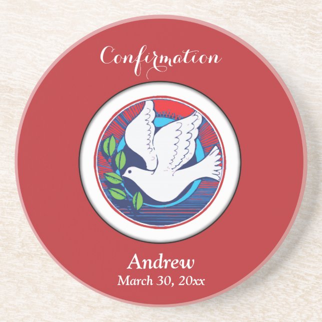 Confirmation Colourful Dove on Red Background Coaster (Front)
