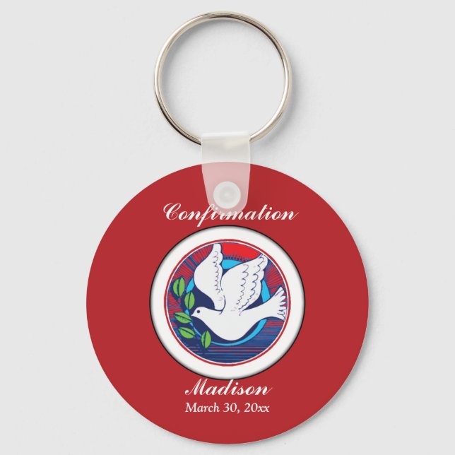 Confirmation Colourful Dove on Red Background Keychain (Front)