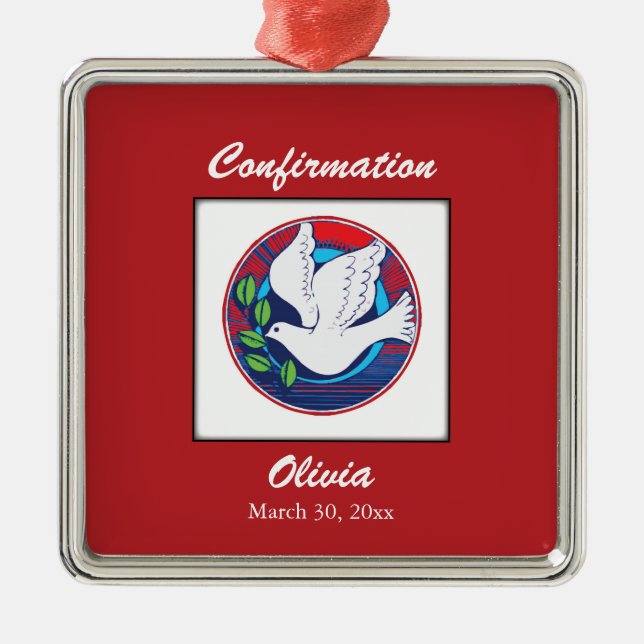 Confirmation Colourful Dove on Red Background Metal Ornament (Front)