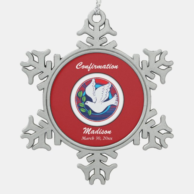 Confirmation Colourful Dove on Red Background Snowflake Pewter Christmas Ornament (Front)