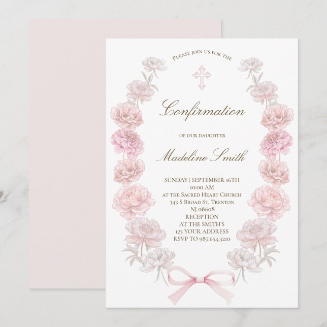 Confirmation delicate peonies frame invitation (Front/Back)