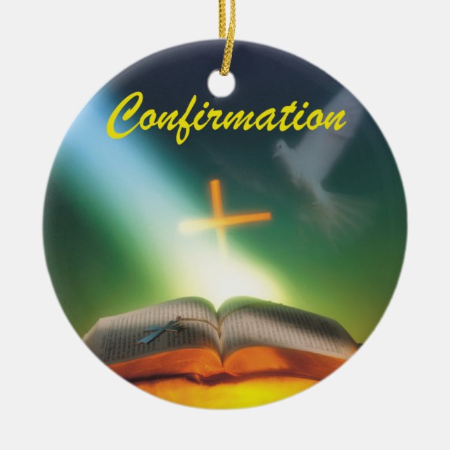 Confirmation Dove, Bible, Cross Ceramic Ornament (Front)