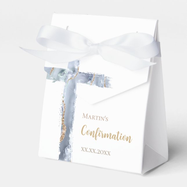 Confirmation dusty blue agate holy cross favor box (Front Side)