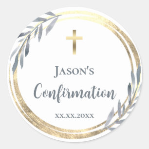 Confirmation dusty blue faux gold foil   classic round sticker