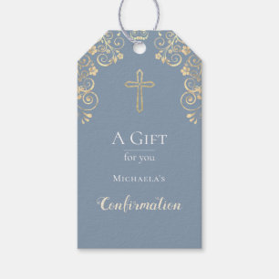 Confirmation Dusty Blue Gold Cross  Gift Tags