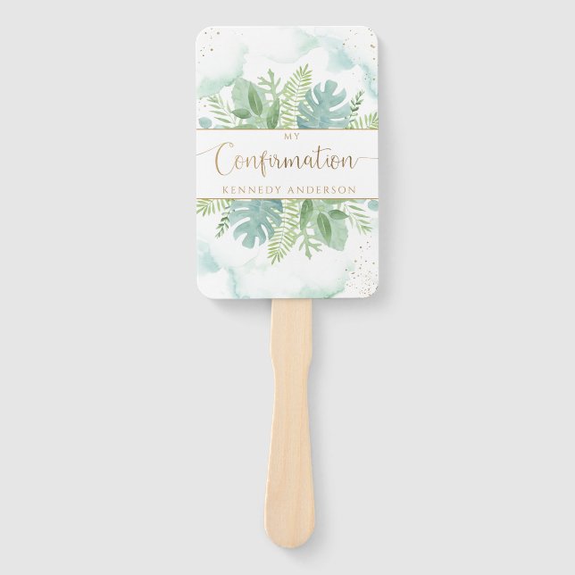 Confirmation Elegant Blue Green Greenery  Hand Fan (Front)