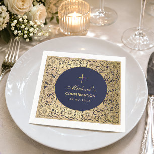 Confirmation Elegant Vintage Gold Roses Navy Blue Napkin